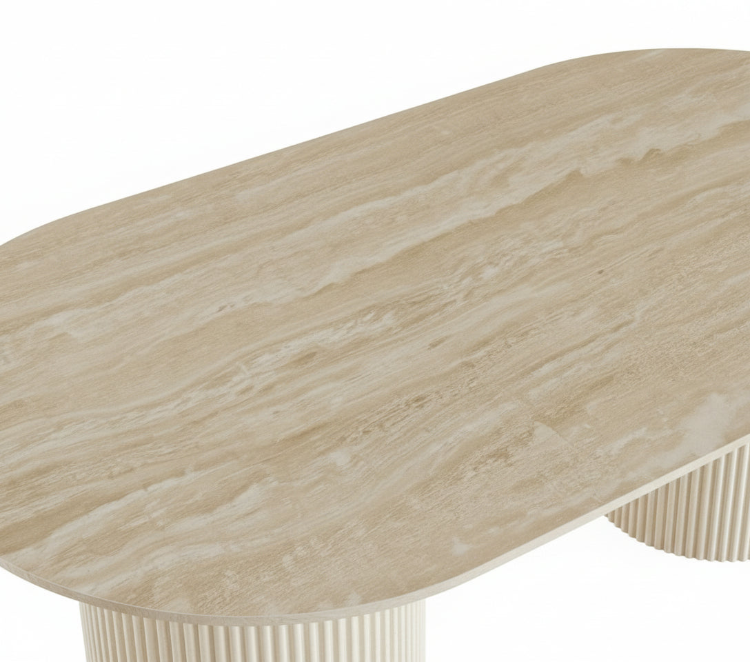 Table Basse Ovale KINSHASA 120x60cm - Céramique Effet Travertin