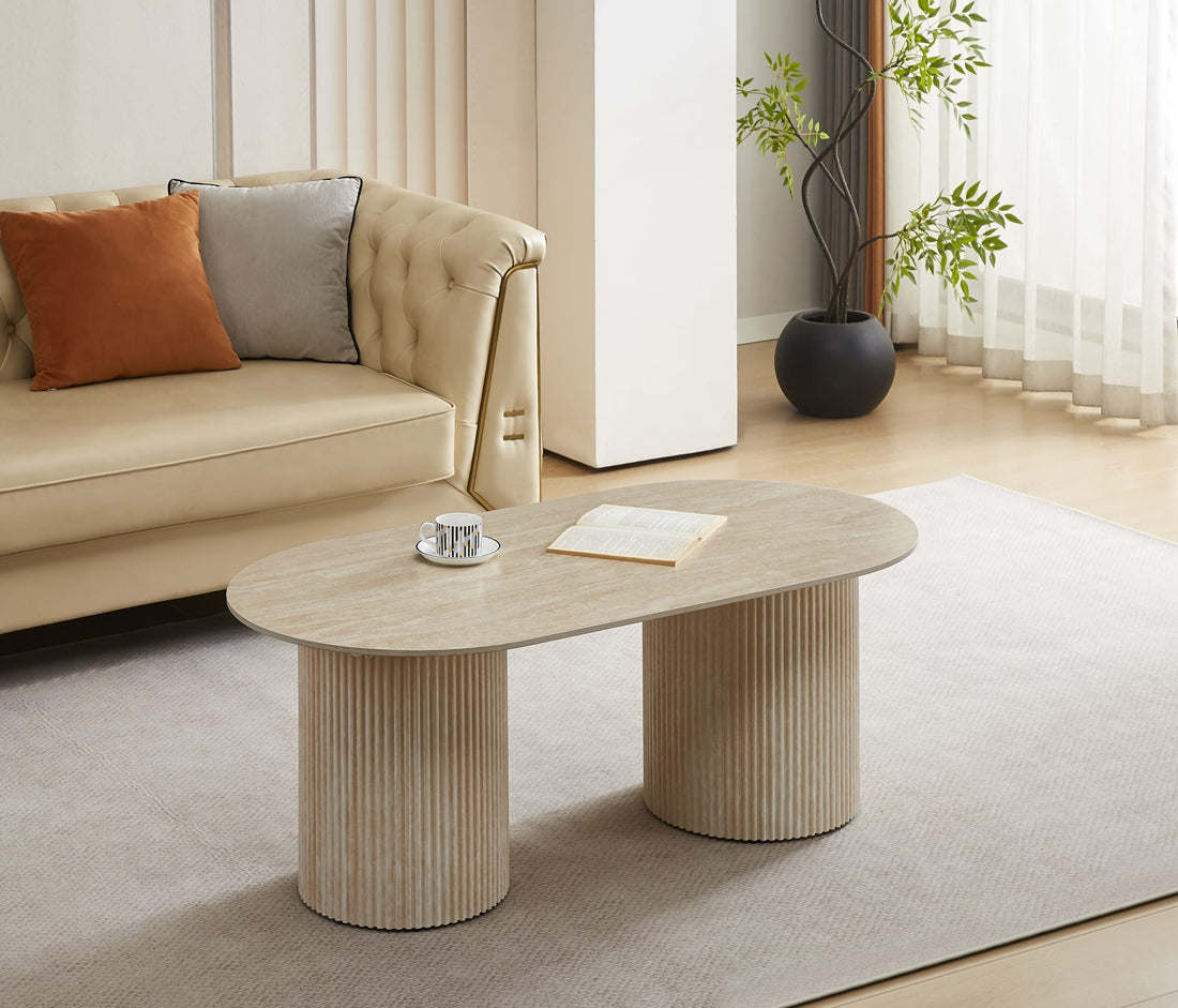 TABLE BASSE KINSHASA PIED METAL EFFET TRAVERTIN PLATEAU CERAMIQUE TRAVERTIN MAT 120x60x45cm