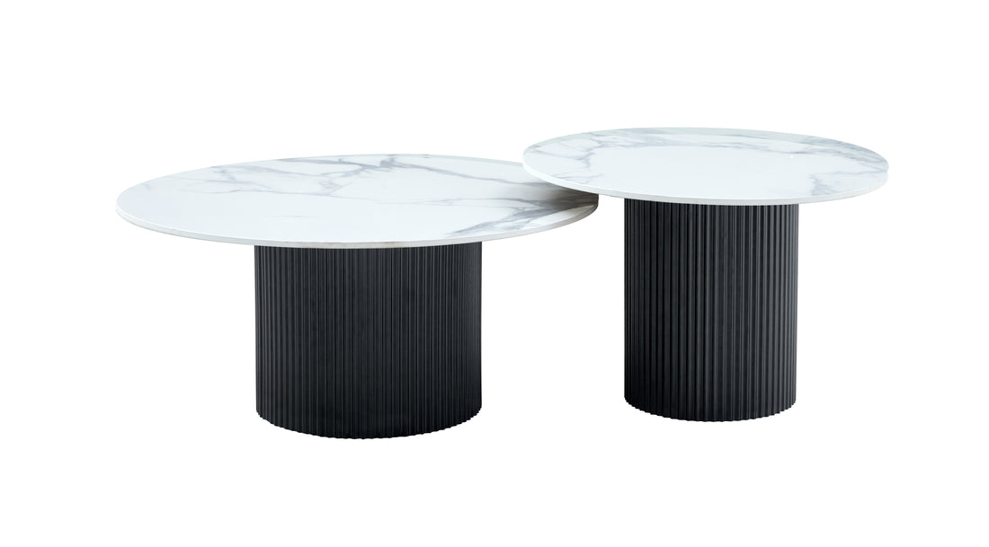 Lot 2 Tables Basses Rondes Céramique Blanc D80x38 D60x45 MINA