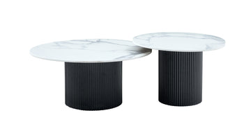 Lot 2 Tables Basses Rondes Céramique Blanc D80x38 D60x45 MINA