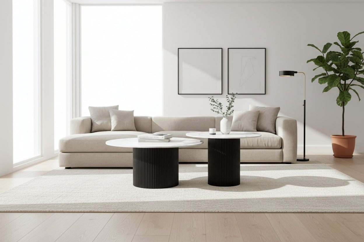 Lot 2 Tables Basses Rondes Céramique Blanc D80x38 D60x45 MINA