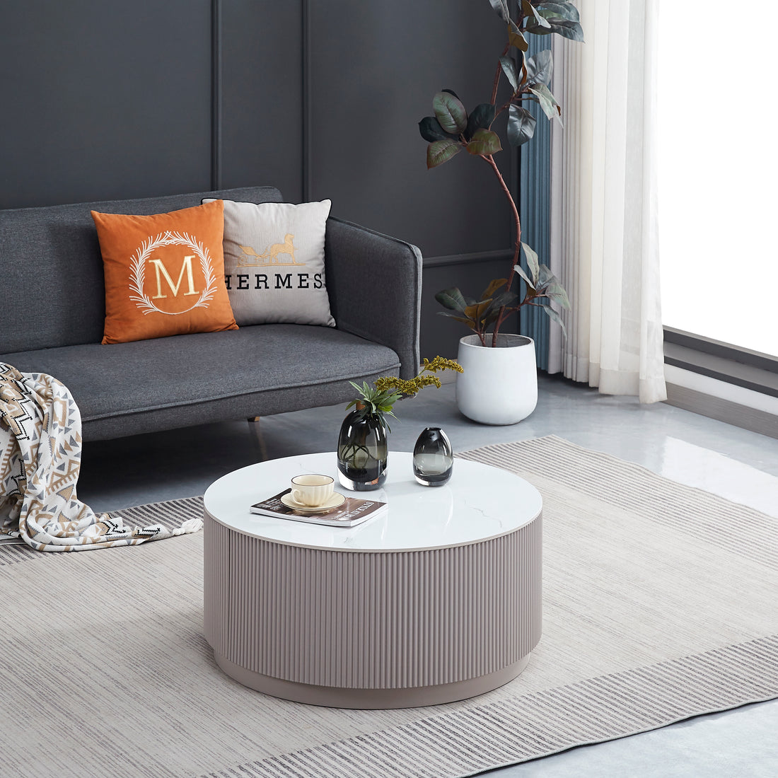Table basse BARI bois gris marbre blanc avec tiroir 80x45 cm