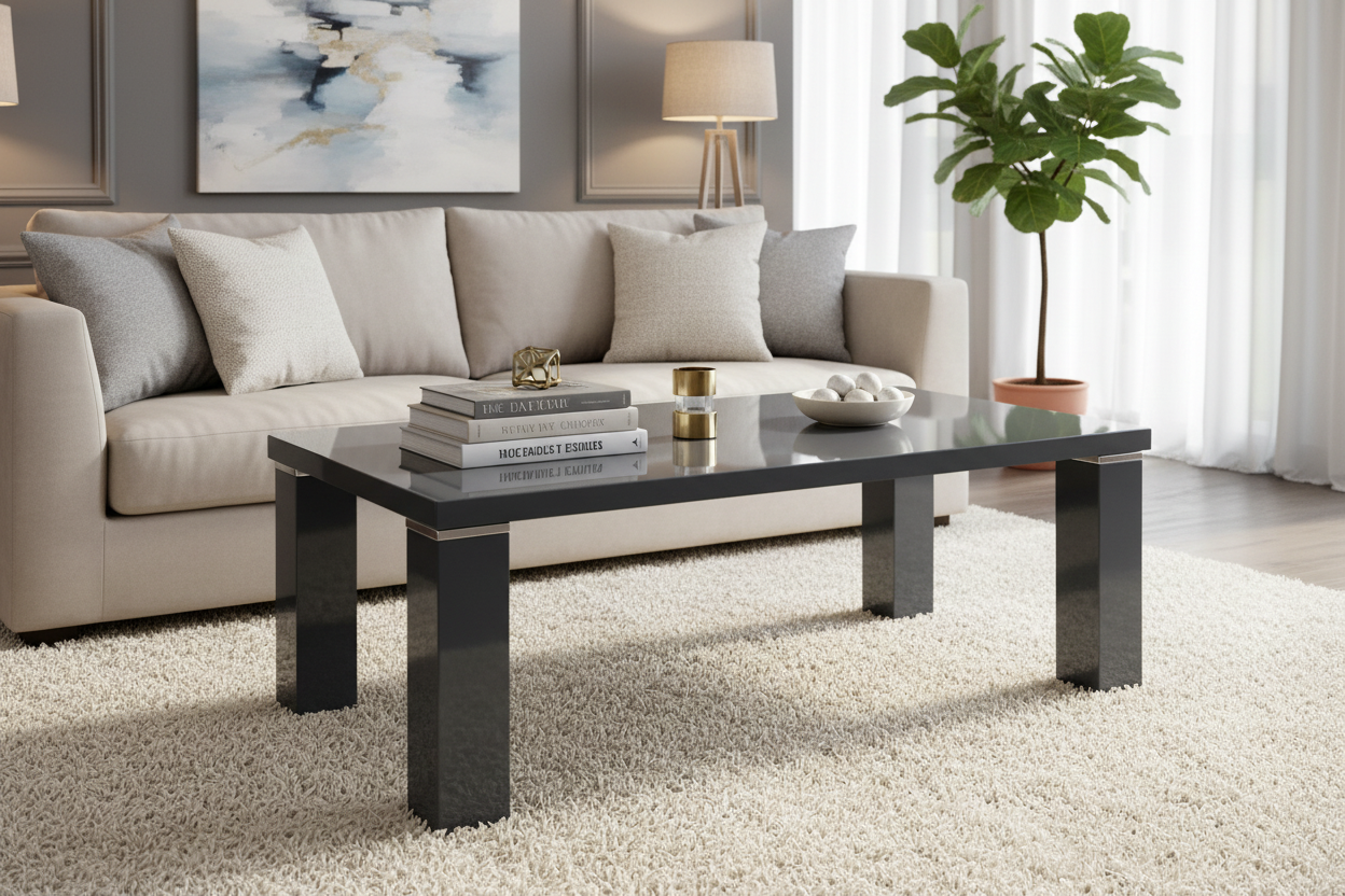 Table basse 120x60 laquée grise pieds carrés chromés