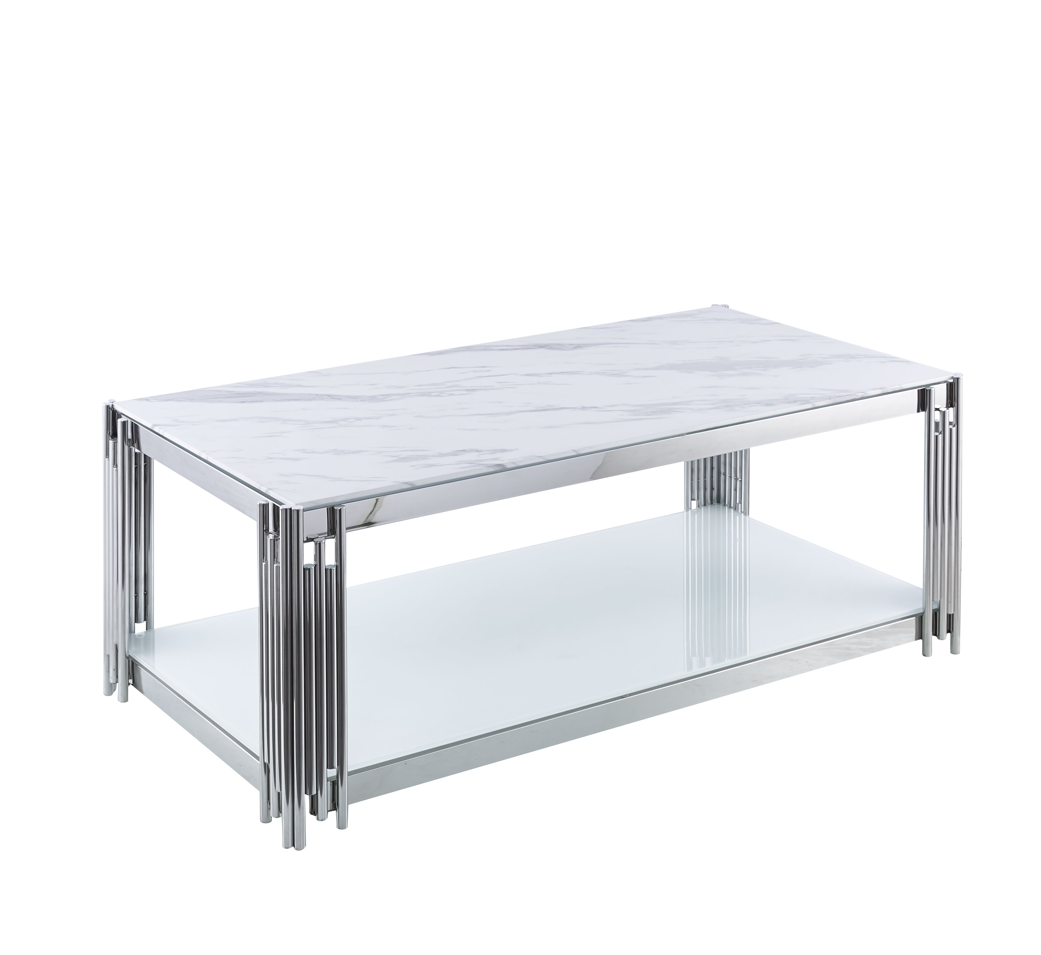 Table Basse FLUTE Rectangle Double Plateau Verre Trempé Marbré Blanc Structure Chrome 120x60x45cm
