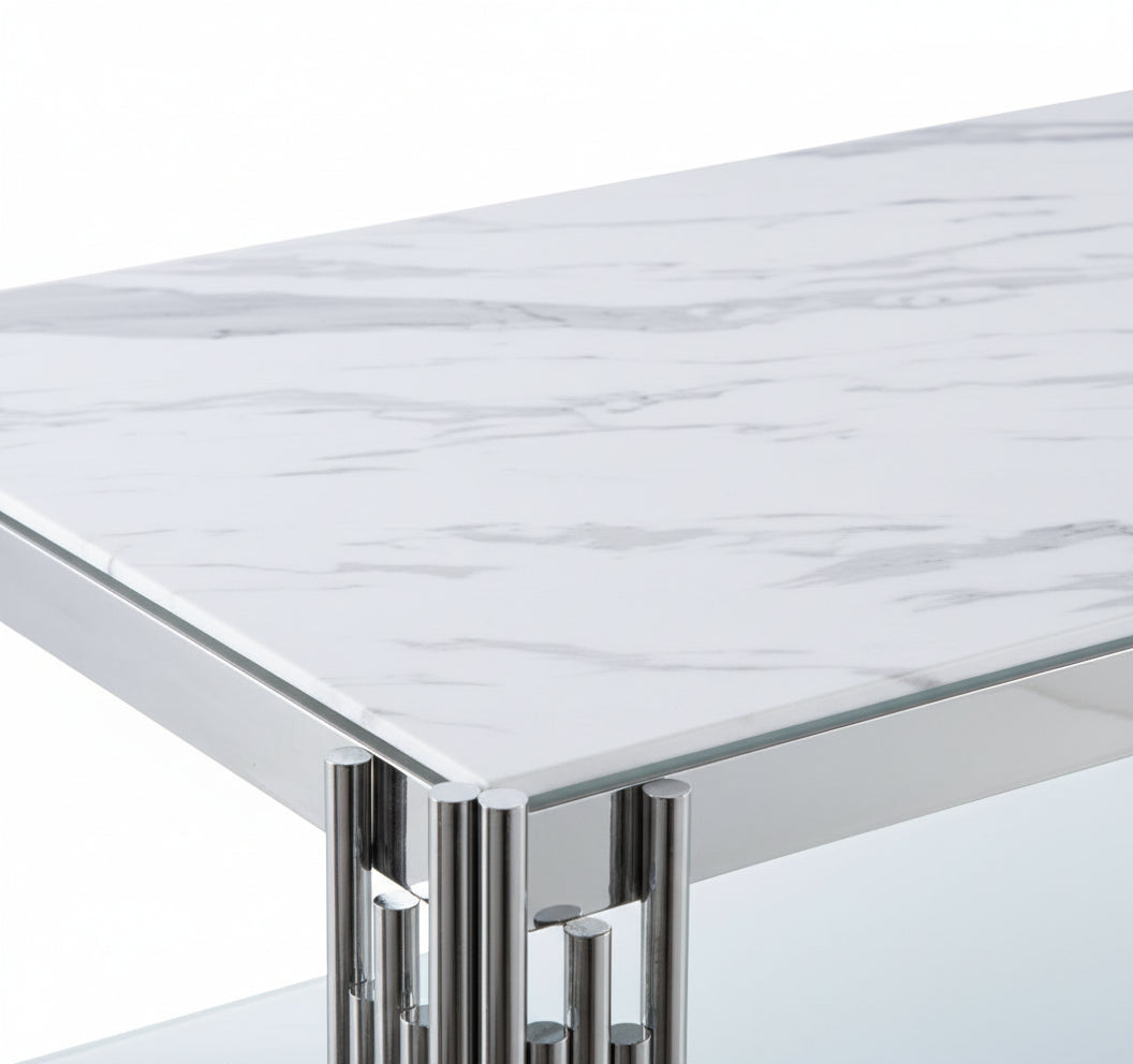 Table Basse FLUTE Rectangle Double Plateau Verre Trempé Marbré Blanc Structure Chrome 120x60x45cm