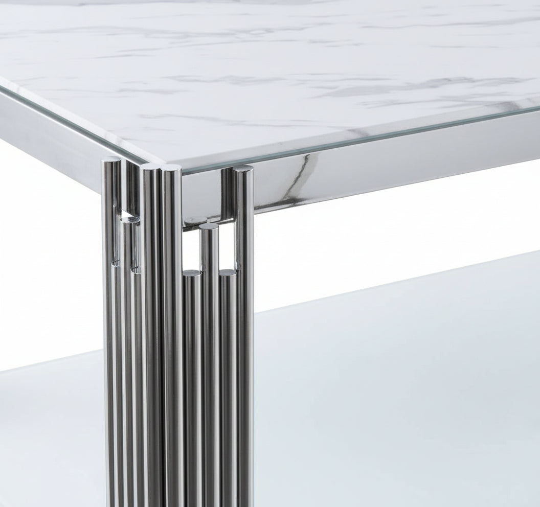 Table Basse FLUTE Rectangle Double Plateau Verre Trempé Marbré Blanc Structure Chrome 120x60x45cm