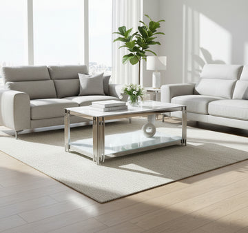 Table Basse FLUTE Rectangle Double Plateau Verre Trempé Marbré Blanc Structure Chrome 120x60x45cm