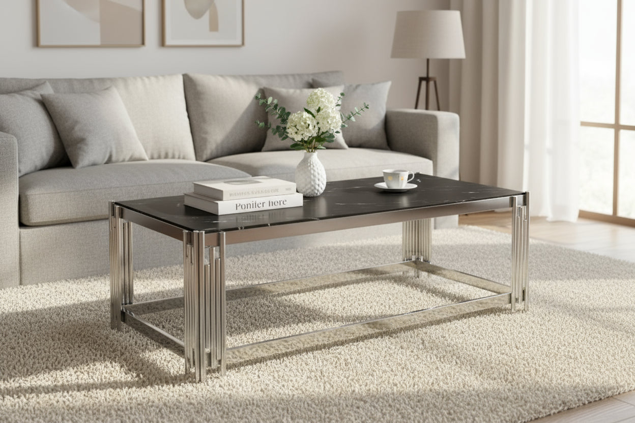 Table Basse FLUTE Chrome et plateau en verre 120x60x45 cm