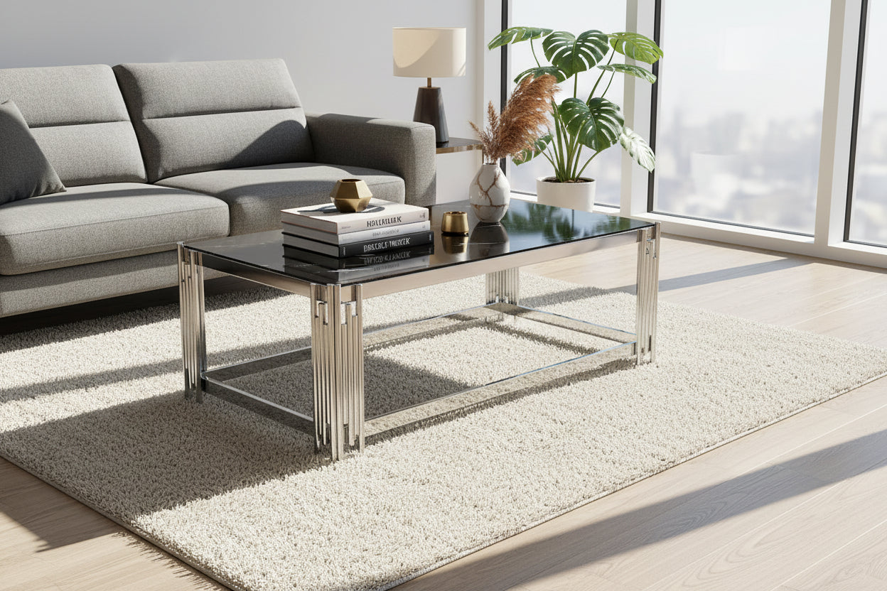 Table Basse FLUTE Rectangle Double Plateau Verre Trempé Marbré Noir Structure Chrome 120x60x45cm