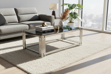 Table Basse FLUTE Rectangle Double Plateau Verre Trempé Marbré Noir Structure Chrome 120x60x45cm