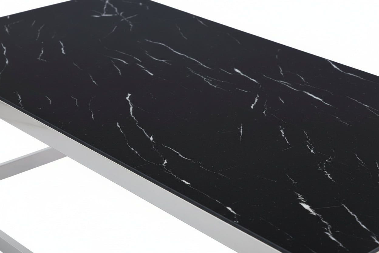 Table Basse FLUTE Rectangle Double Plateau Verre Trempé Marbré Noir Structure Chrome 120x60x45cm