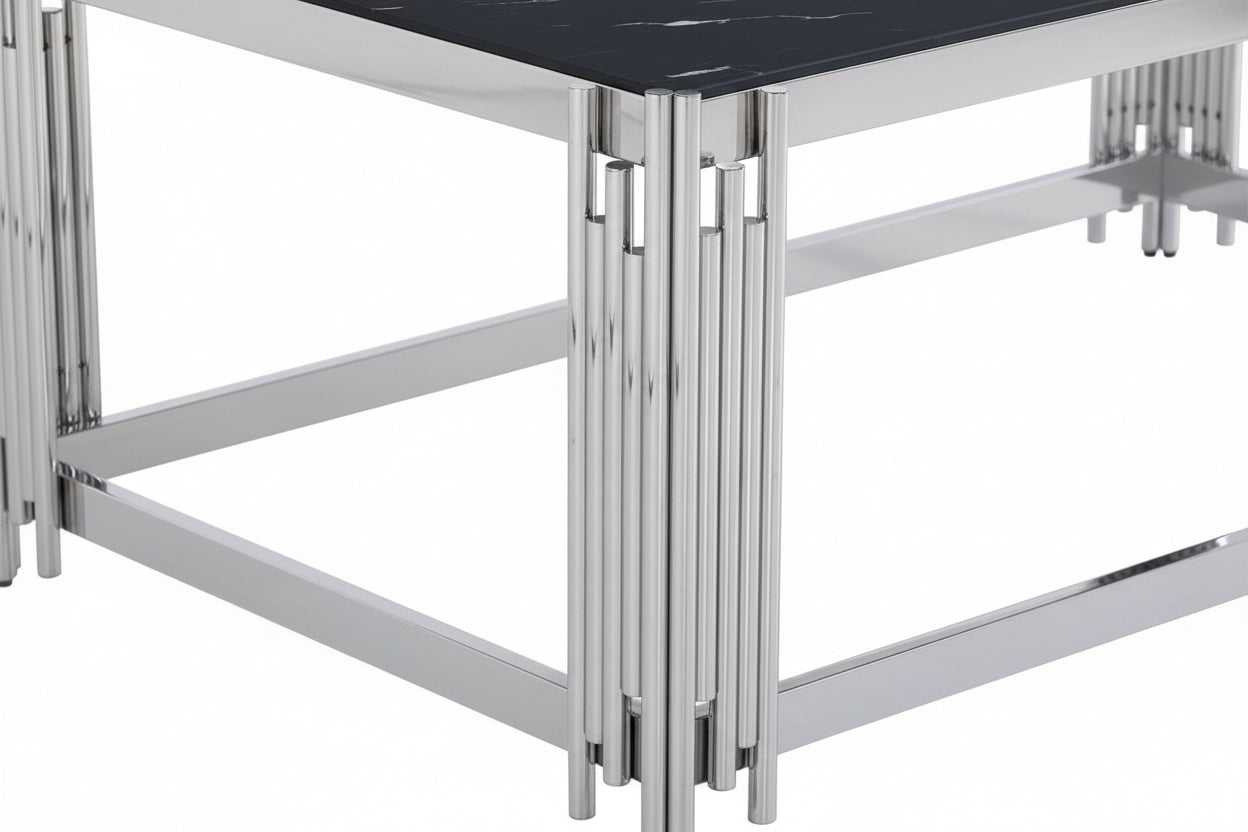 Table Basse FLUTE Rectangle Double Plateau Verre Trempé Marbré Noir Structure Chrome 120x60x45cm