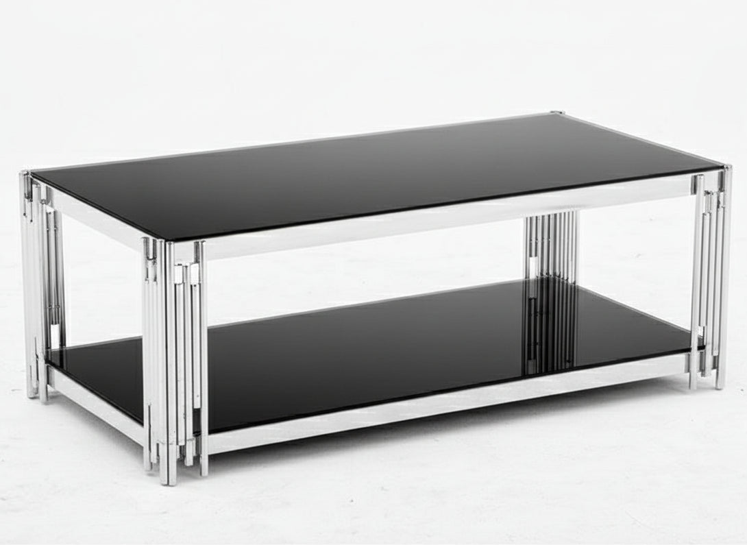 Table Basse FLUTE Rectangle Double Plateau Verre Trempé Noir Structure Chrome 120x60x45cm