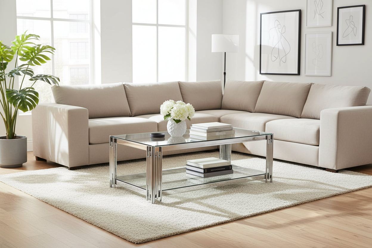 Table Basse FLUTE Rectangle Double Plateau Verre Trempé Transparent Structure Chrome 120x60x45cm
