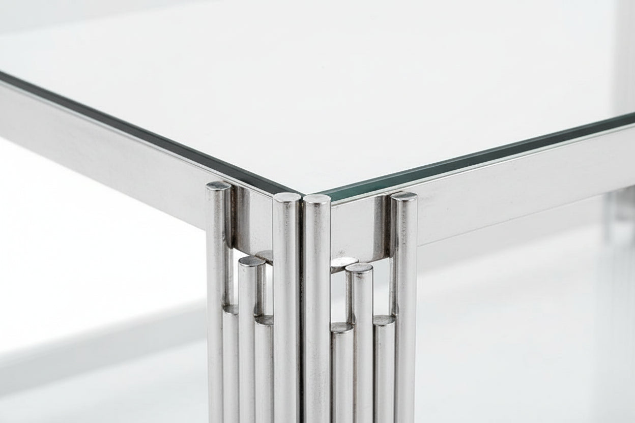 Table Basse FLUTE Rectangle Double Plateau Verre Trempé Transparent Structure Chrome 120x60x45cm