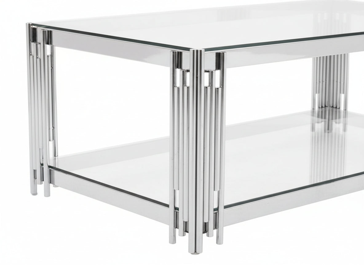 Table Basse FLUTE Rectangle Double Plateau Verre Trempé Transparent Structure Chrome 120x60x45cm