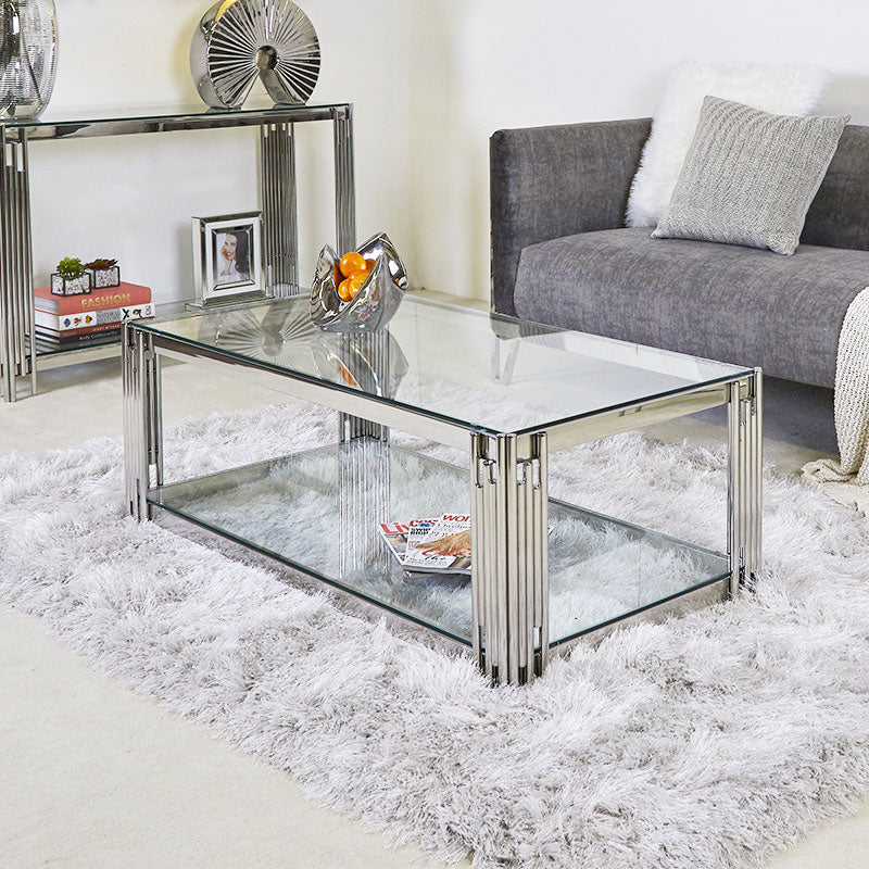 Table Basse FLUTE Rectangle Double Plateau Verre Trempé Transparent Structure Chrome 120x60x45cm