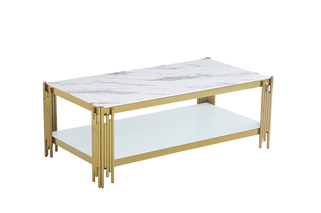 Table basse rectangle double plateau verre effet Marbré Blanc 120cm FLUTE
