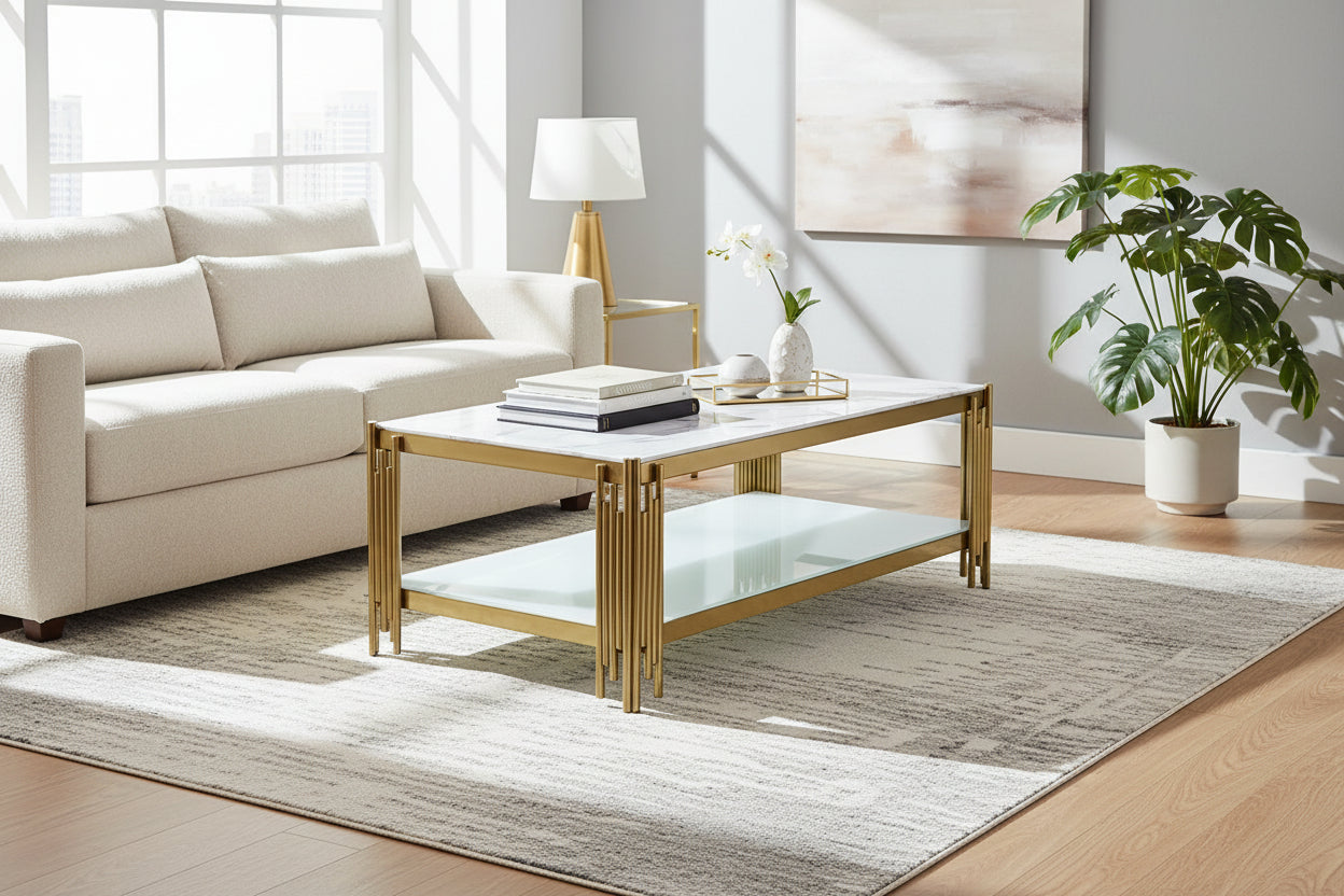Table basse rectangle double plateau verre effet Marbré Blanc 120cm FLUTE