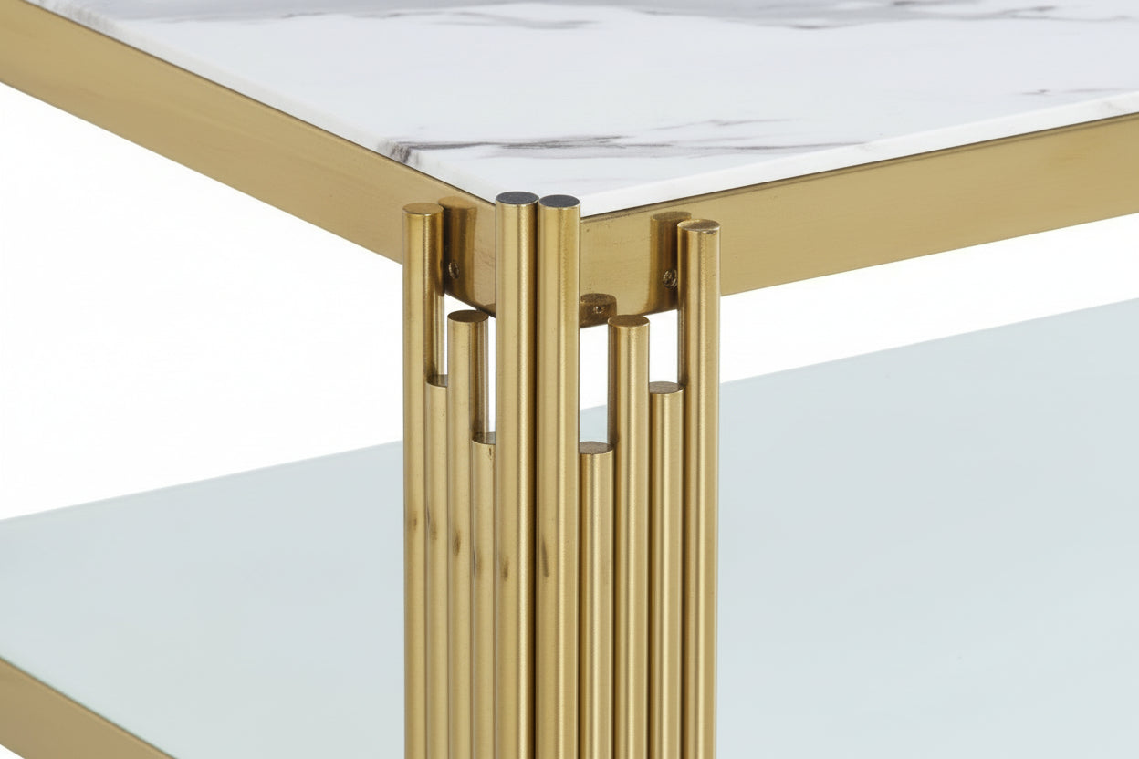 Table basse rectangle double plateau verre effet Marbré Blanc 120cm FLUTE