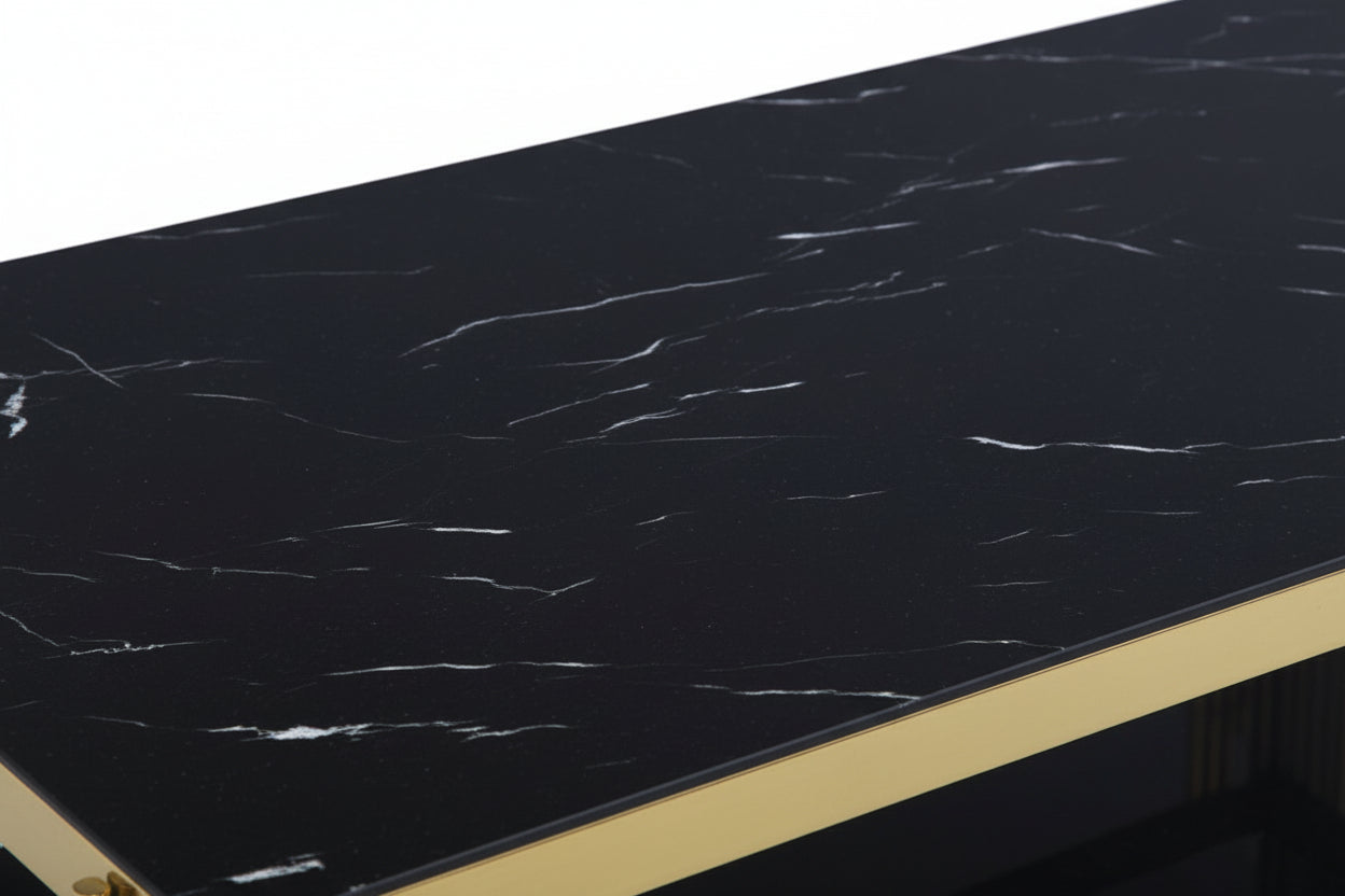 Table Basse FLUTE Rectangle Double Plateau Verre Trempé Marbré Noir Structure Gold 120x60x45cm