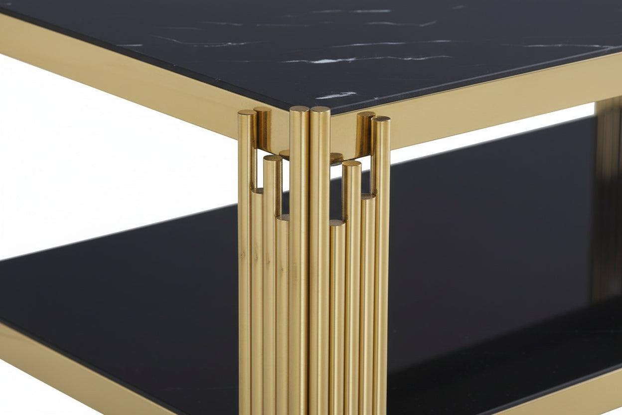 Table Basse FLUTE Rectangle Double Plateau Verre Trempé Marbré Noir Structure Gold 120x60x45cm