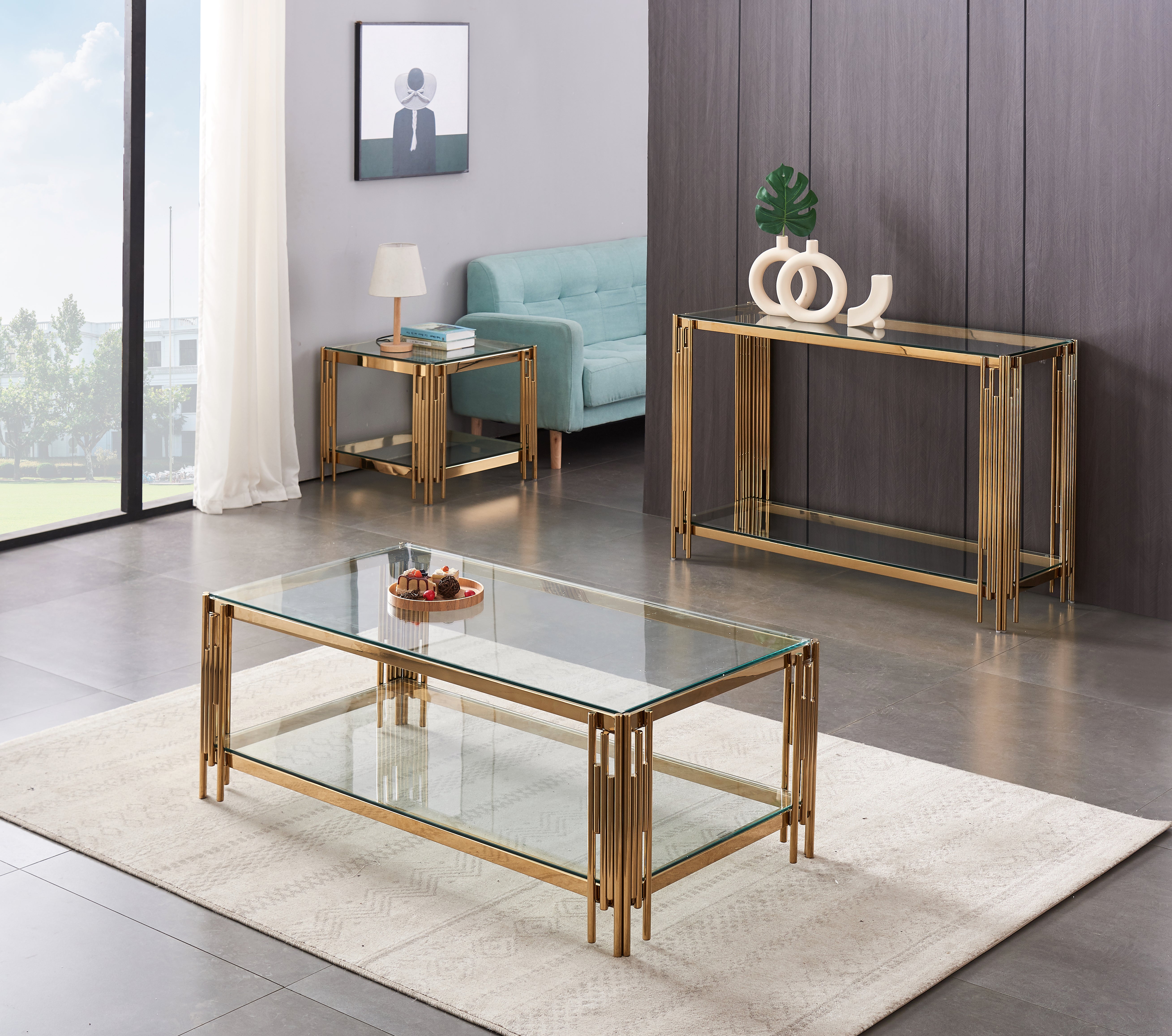 Table Basse FLUTE Rectangle Double Plateau Verre Trempé Transparent Structure Gold 120x60x45cm