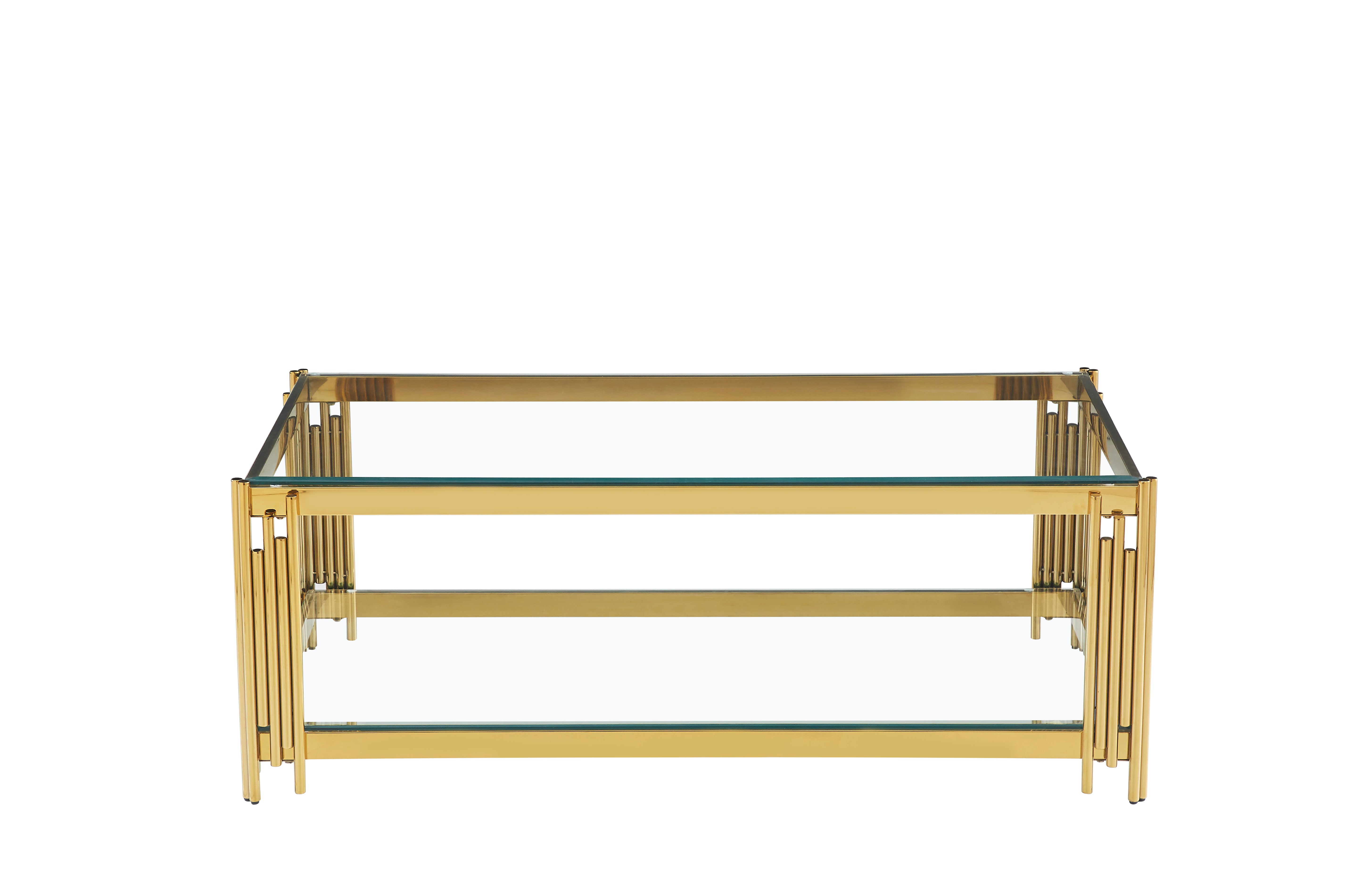 Table Basse FLUTE Rectangle Double Plateau Verre Trempé Transparent Structure Gold 120x60x45cm