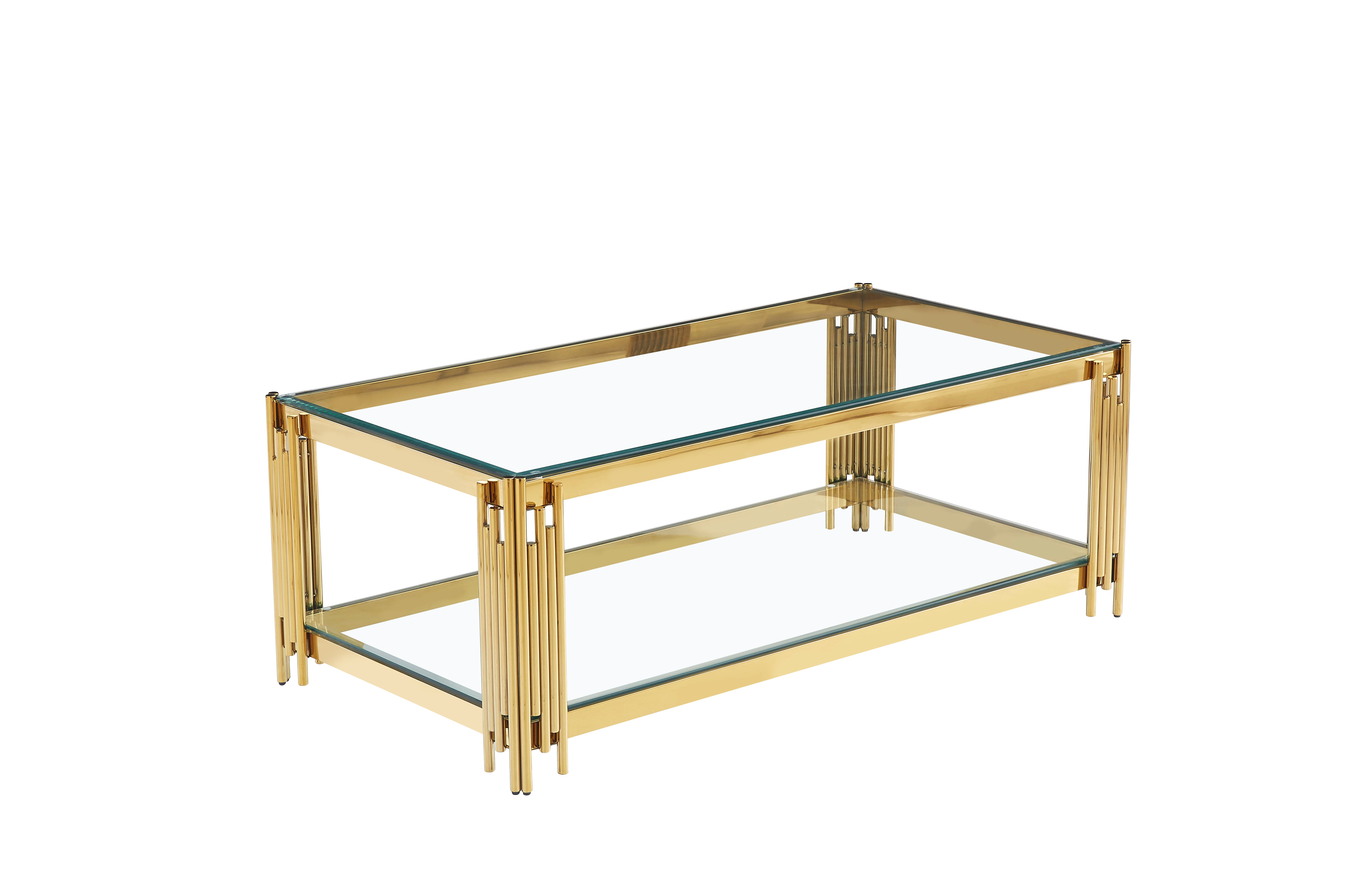 Table Basse FLUTE Rectangle Double Plateau Verre Trempé Transparent Structure Gold 120x60x45cm