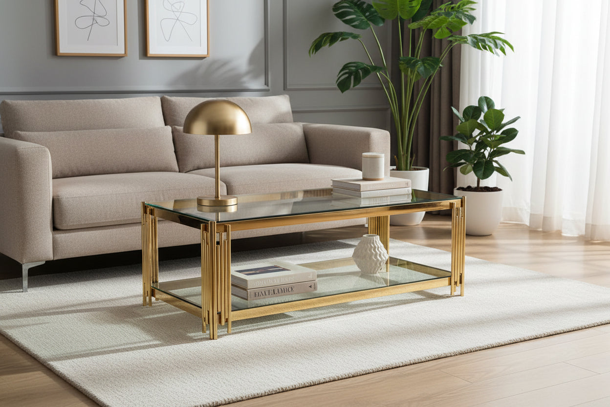 Table Basse FLUTE Rectangle Double Plateau Verre Trempé Transparent Structure Gold 120x60x45cm