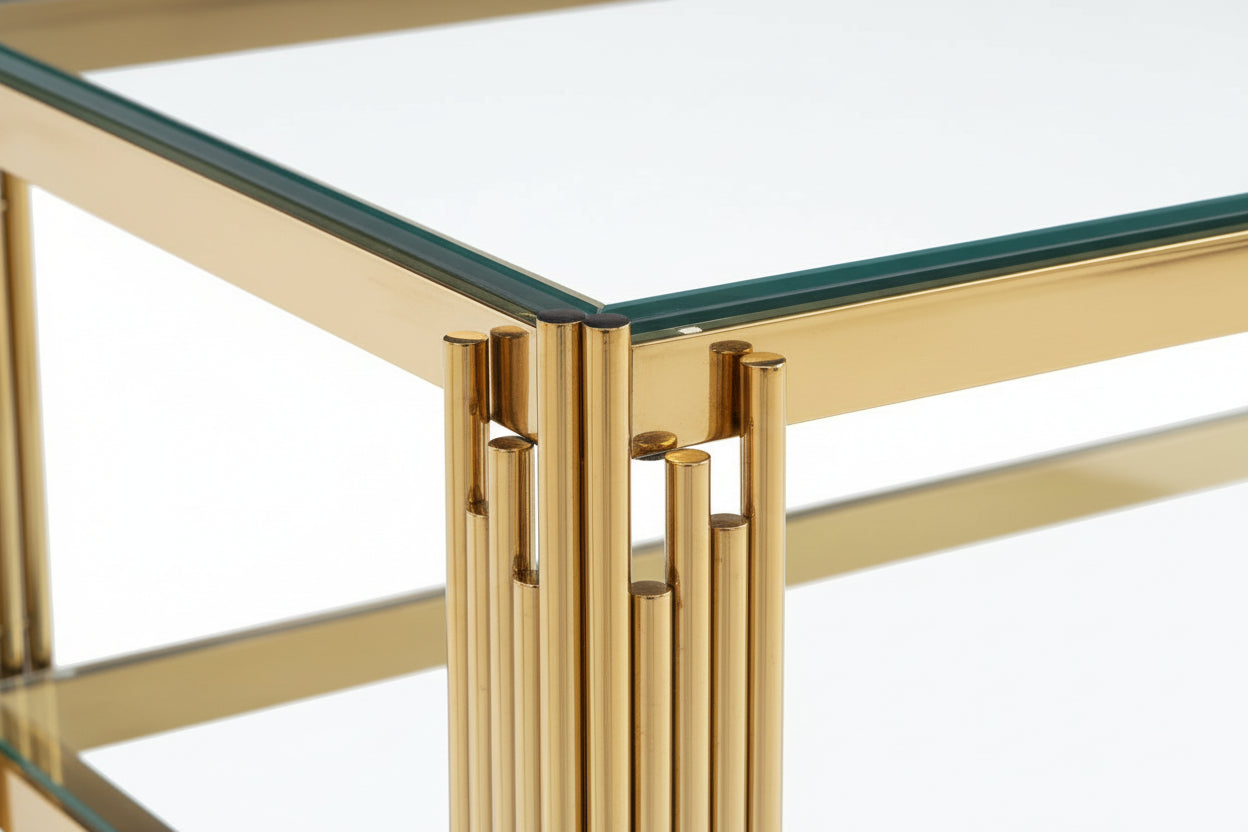 Table Basse FLUTE Rectangle Double Plateau Verre Trempé Transparent Structure Gold 120x60x45cm