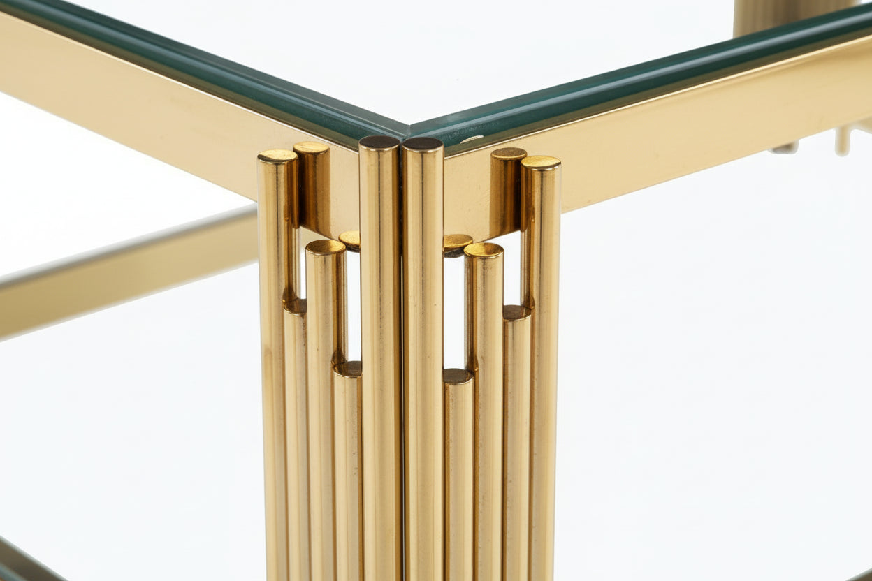Table Basse FLUTE Rectangle Double Plateau Verre Trempé Transparent Structure Gold 120x60x45cm