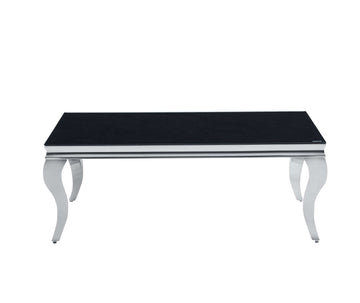 Table Basse BAROQUE Rectangle Plateau Verre Trempé Noir Pieds Chrome 120x60x45cm
