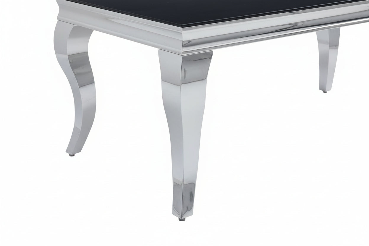 Table Basse BAROQUE Rectangle Plateau Verre Trempé Noir Pieds Chrome 120x60x45cm
