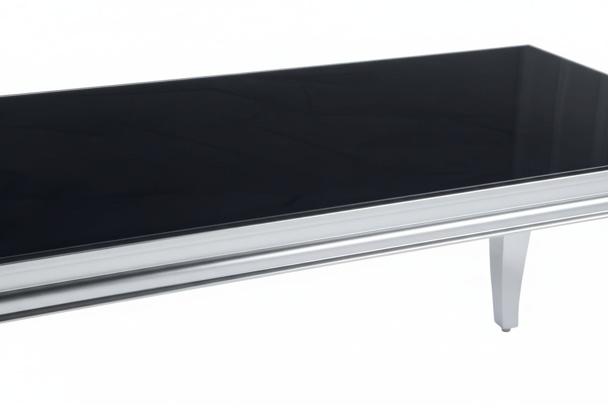 Table Basse BAROQUE Rectangle Plateau Verre Trempé Noir Pieds Chrome 120x60x45cm