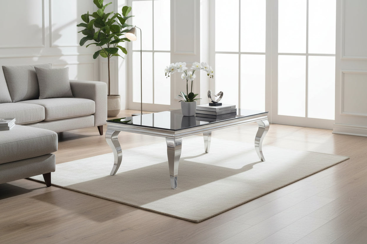 Table Basse BAROQUE Rectangle Plateau Verre Trempé Noir Pieds Chrome 120x60x45cm