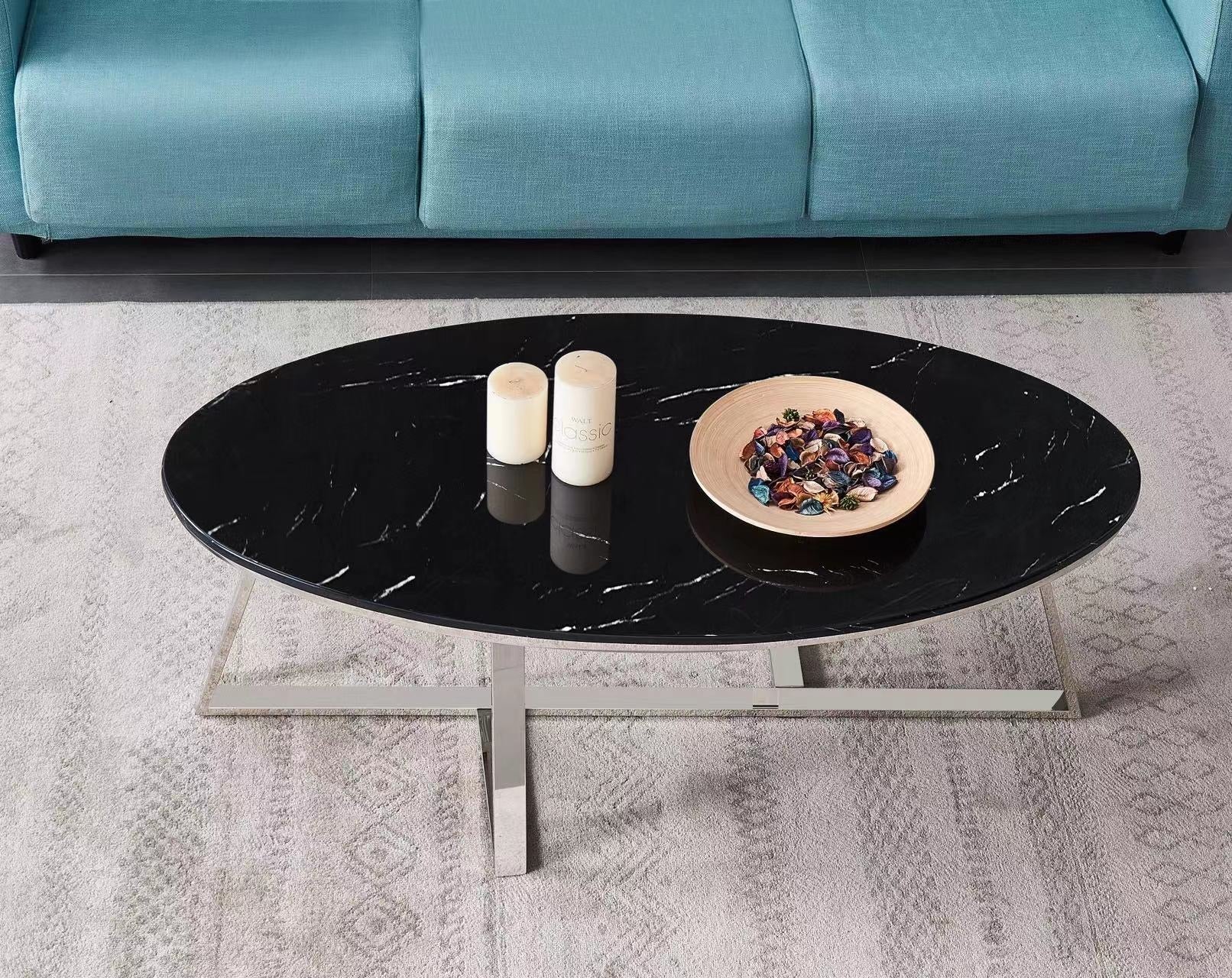 Table Basse Ovale GAMMA Plateau Granite Effet Marbre Noir Pieds Chrome 120x60x45cm