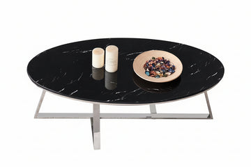 Table Basse Ovale GAMMA Plateau Granite Effet Marbre Noir Pieds Chrome 120x60x45cm