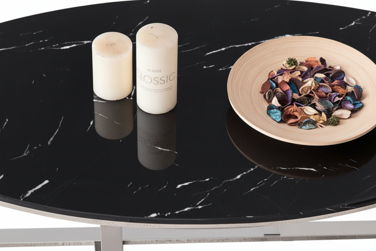 Table Basse Ovale GAMMA Plateau Granite Effet Marbre Noir Pieds Chrome 120x60x45cm