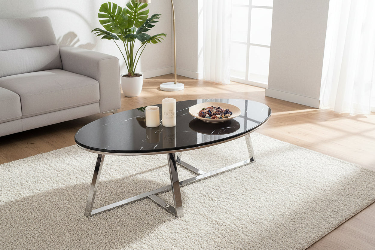 Table Basse Ovale GAMMA Plateau Granite Effet Marbre Noir Pieds Chrome 120x60x45cm