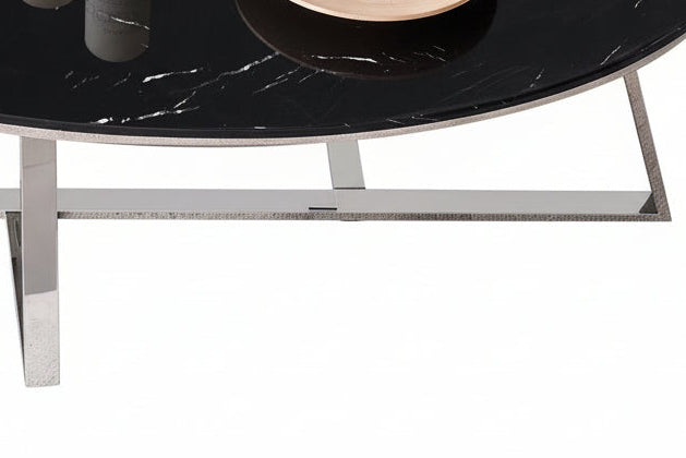 Table Basse Ovale GAMMA Plateau Granite Effet Marbre Noir Pieds Chrome 120x60x45cm