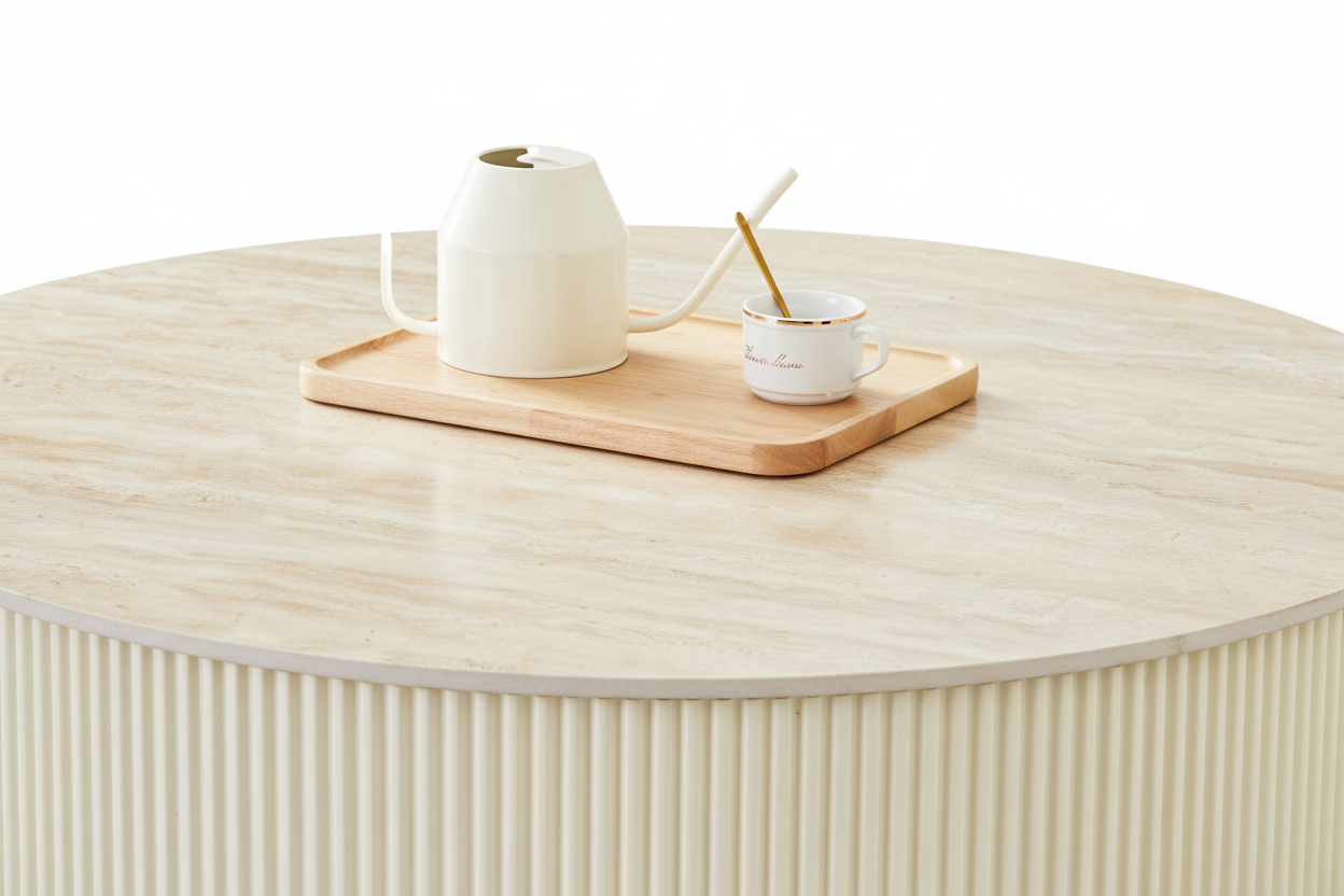 Table Basse RUBY Ronde Plateau Céramique Effet Travertin Beige Pied Métal Noir D80xH45 cm