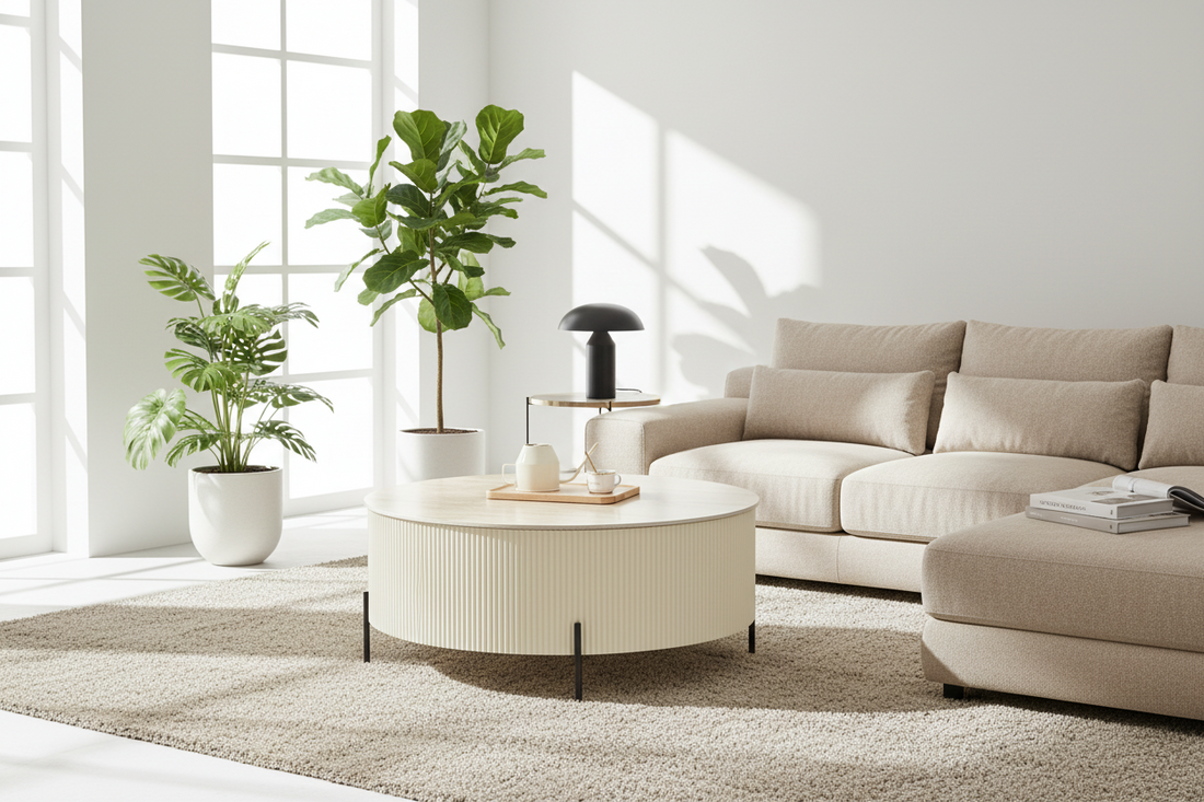 Table Basse RUBY Ronde Plateau Céramique Effet Travertin Beige Pied Métal Noir D100xH45 cm