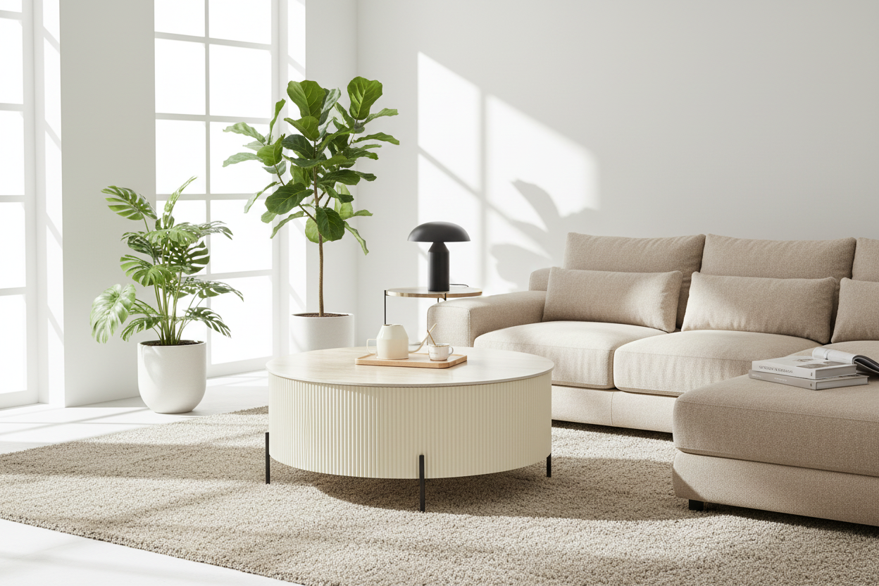 Table Basse RUBY Ronde Plateau Céramique Effet Travertin Beige Pied Métal Noir D100xH45 cm