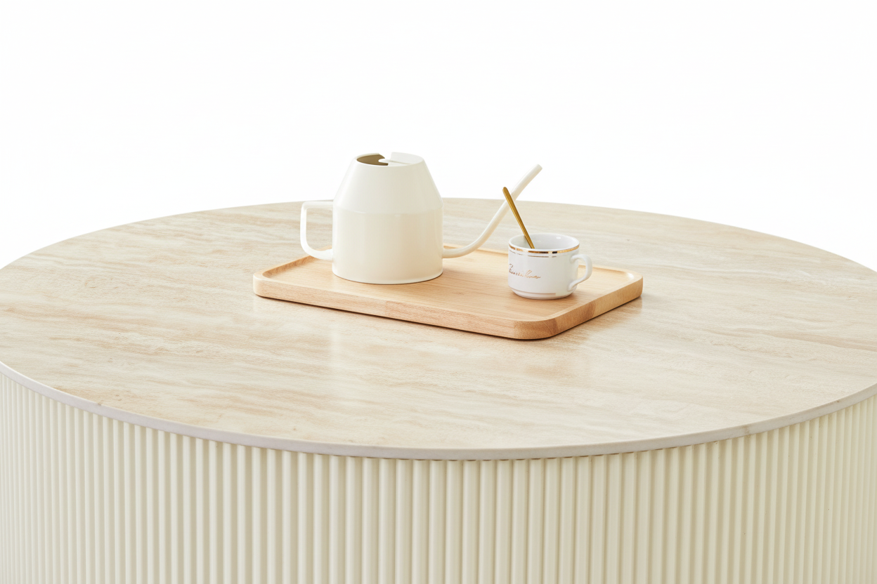 Table Basse RUBY Ronde Plateau Céramique Effet Travertin Beige Pied Métal Noir D90xH45 cm