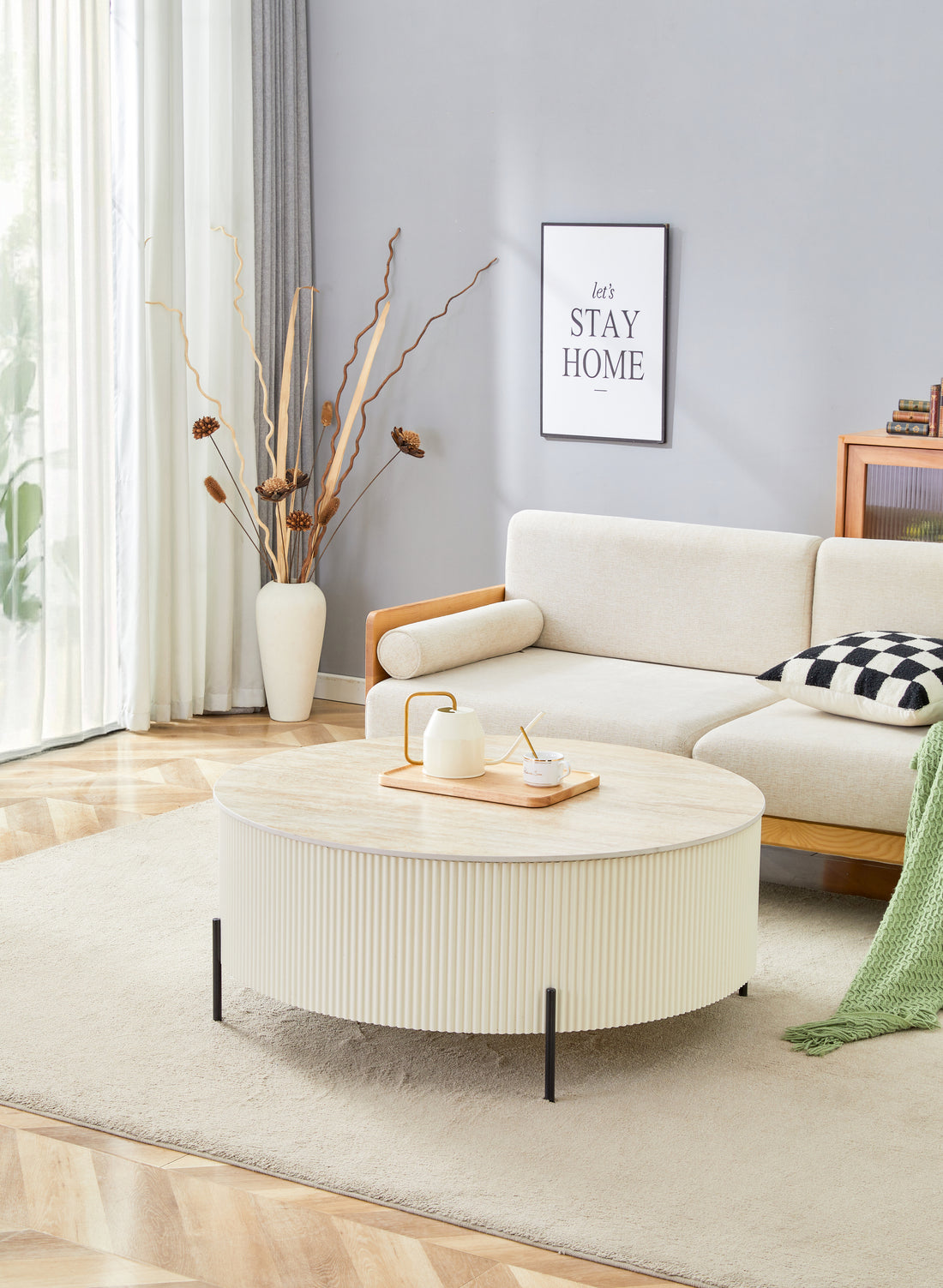 Table Basse RUBY Ronde Plateau Céramique Effet Travertin Beige Pied Métal Noir D80xH45 cm