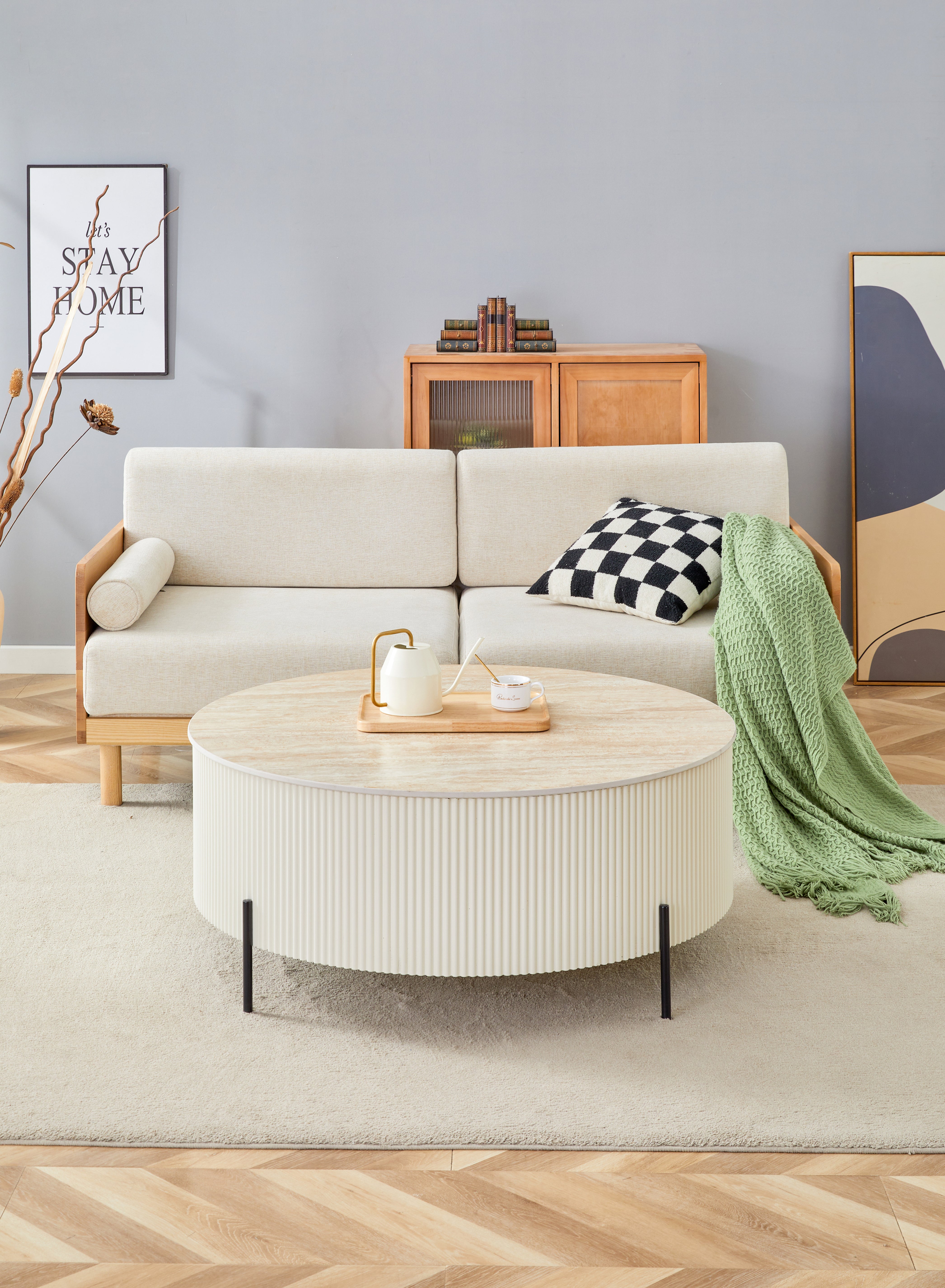 Table Basse RUBY Ronde Plateau Céramique Effet Travertin Beige Pied Métal Noir D90xH45 cm