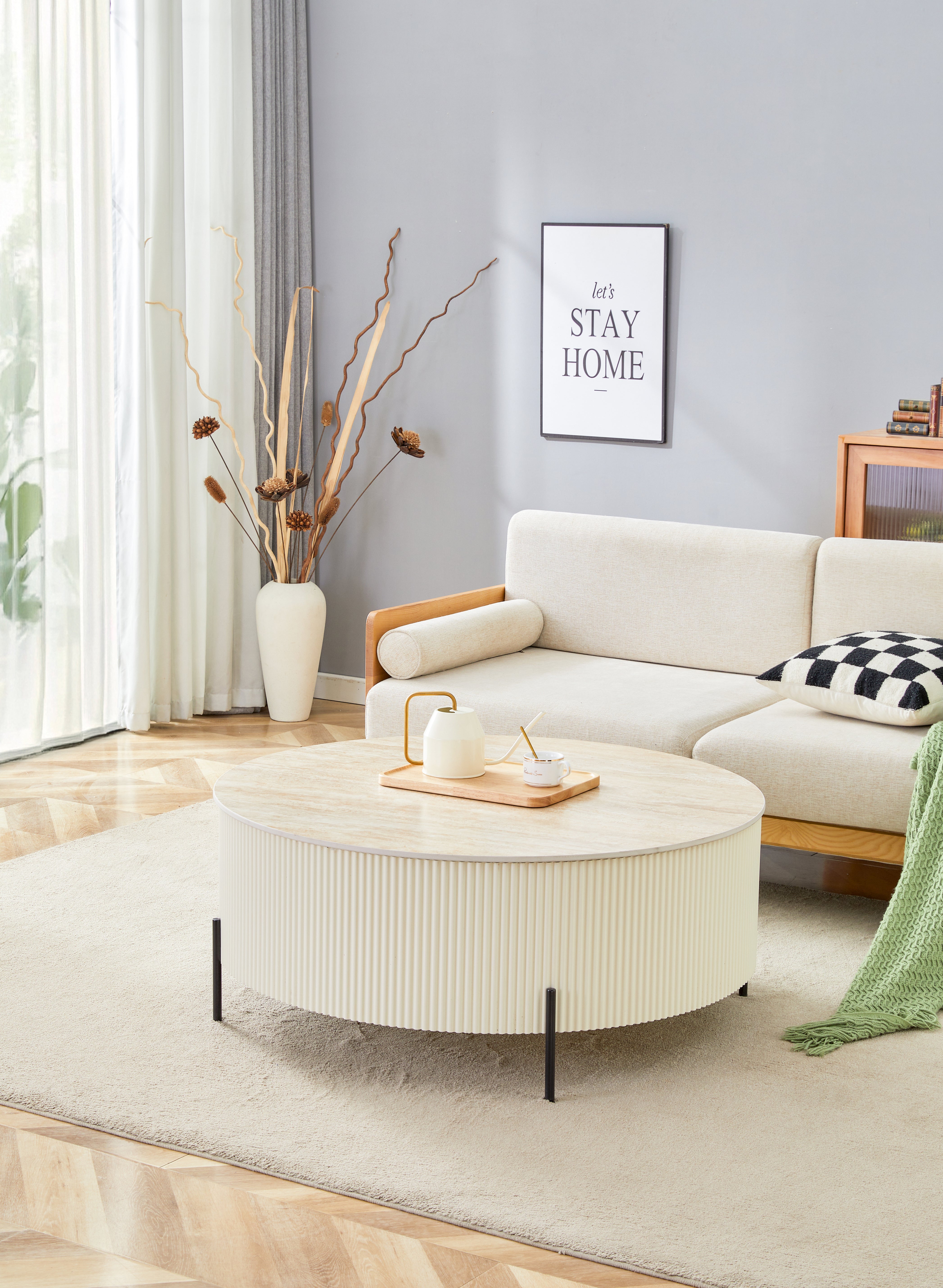 Table Basse RUBY Ronde Plateau Céramique Effet Travertin Beige Pied Métal Noir D100xH45 cm