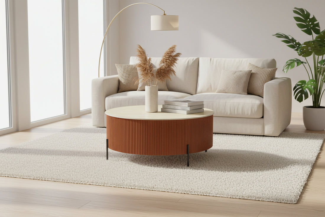 Table basse ronde céramique effet travertin noisette 80cm RUBY