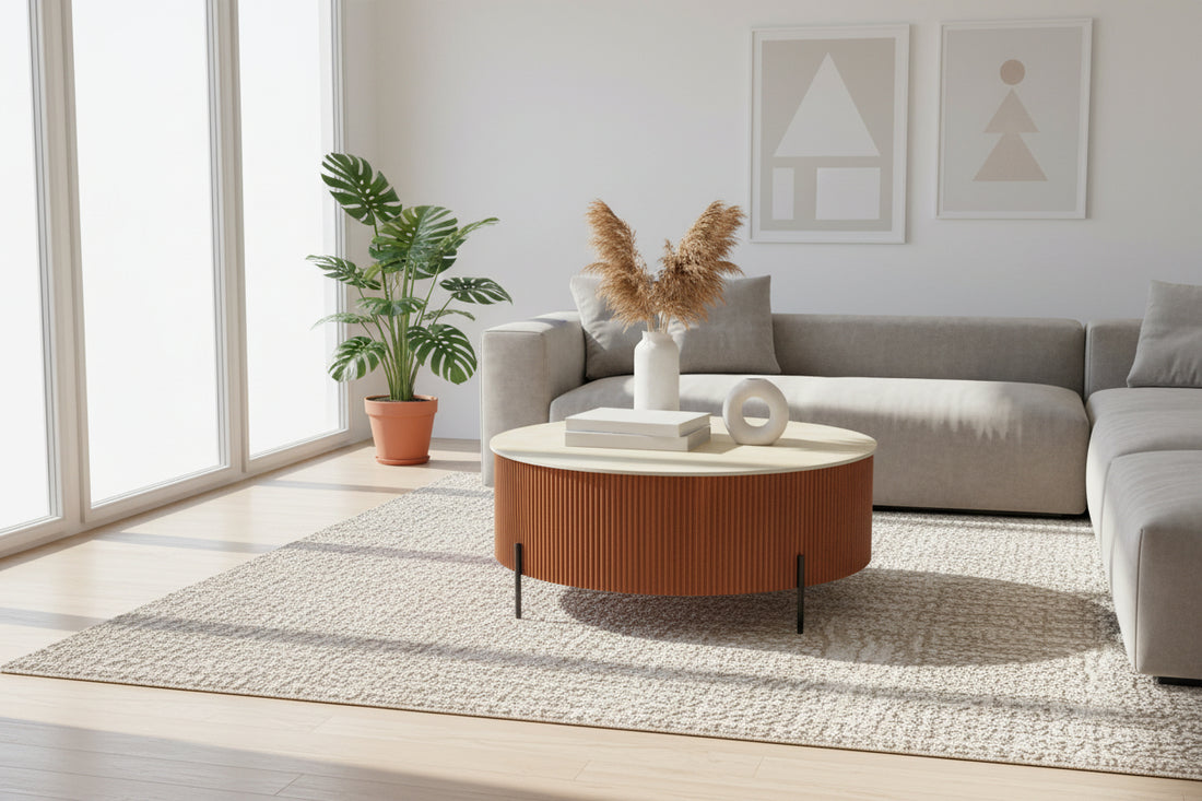 Table basse ronde céramique effet travertin noisette 90cm métal noir RUBY